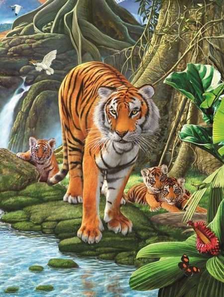 Tranh sơn dầu hổ mẹ và hổ con cạnh suối