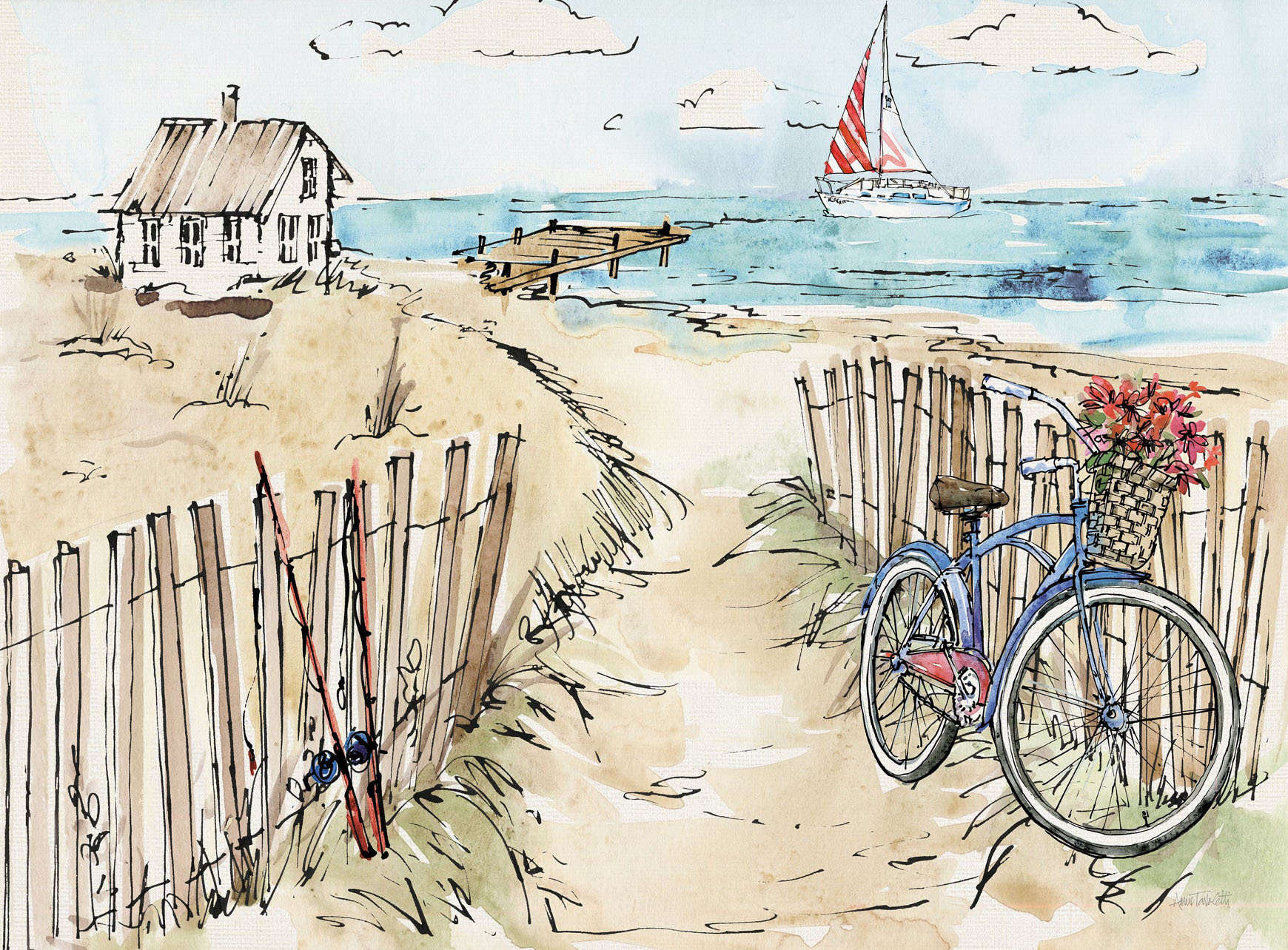 Tranh ngôi nhà và chiếc xe đạp trên bãi biển 4-2016