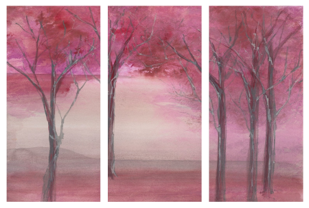 Tranh in rừng cây màu hồng 3 mảnh 4-7038