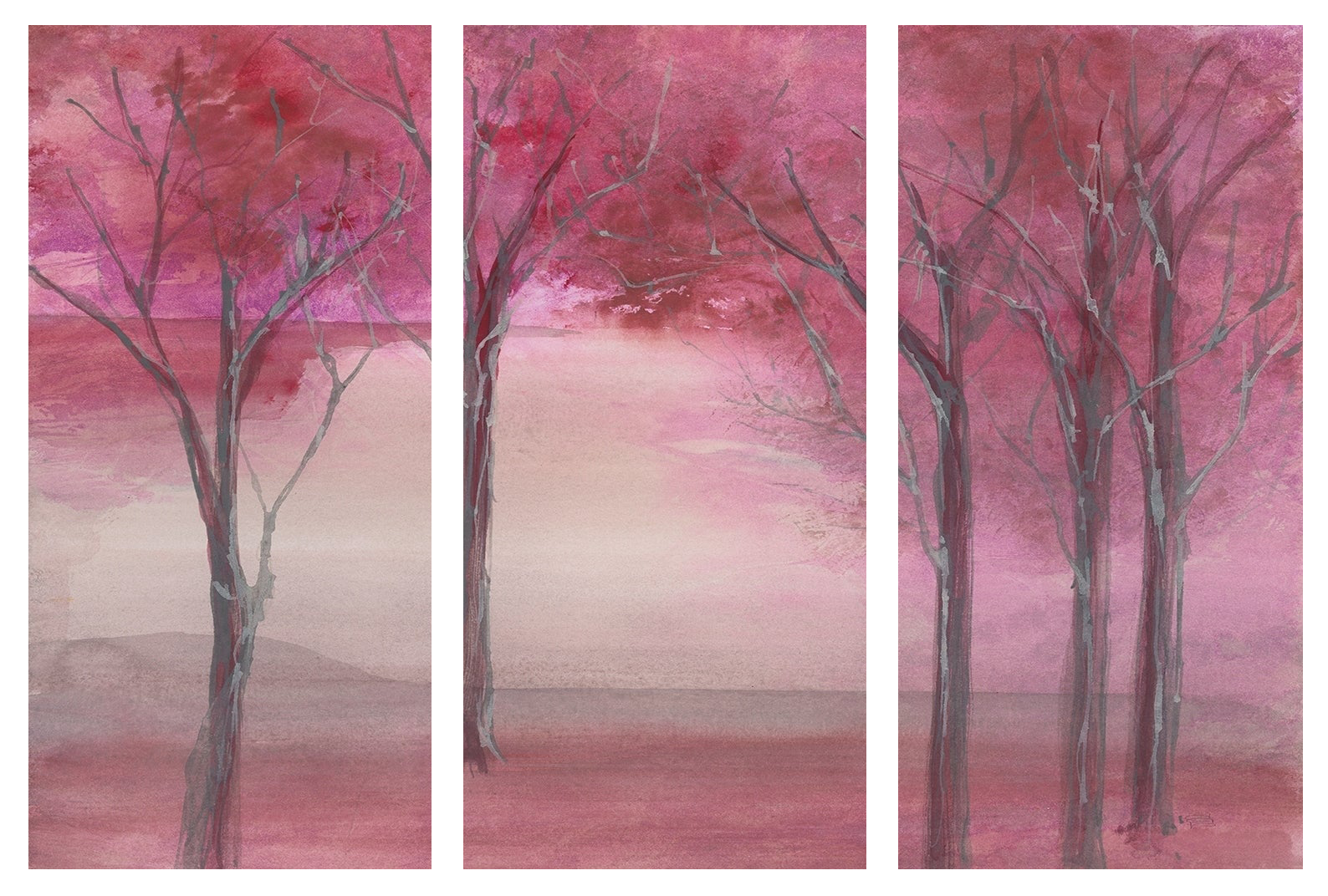 Tranh in rừng cây màu hồng 3 mảnh 4-7038
